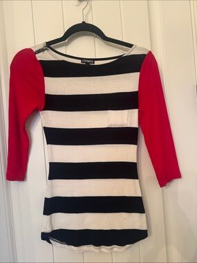 Express Black & White Striped Top with Red Sleeves
